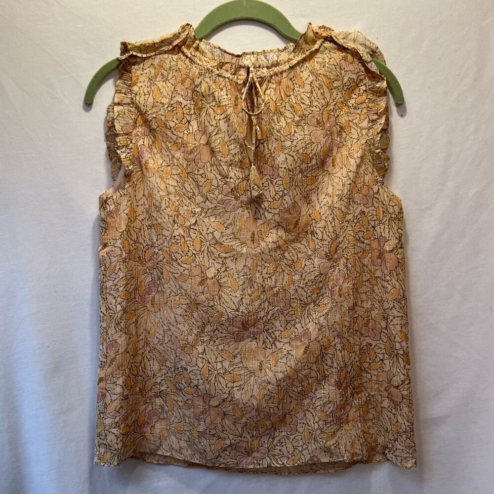 Rebecca Taylor Floral Tan Shimmer Sleeveless Tie-Neck Blouse P
